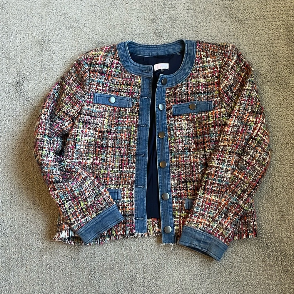 Ecru tweed jacket with denim trim size small …